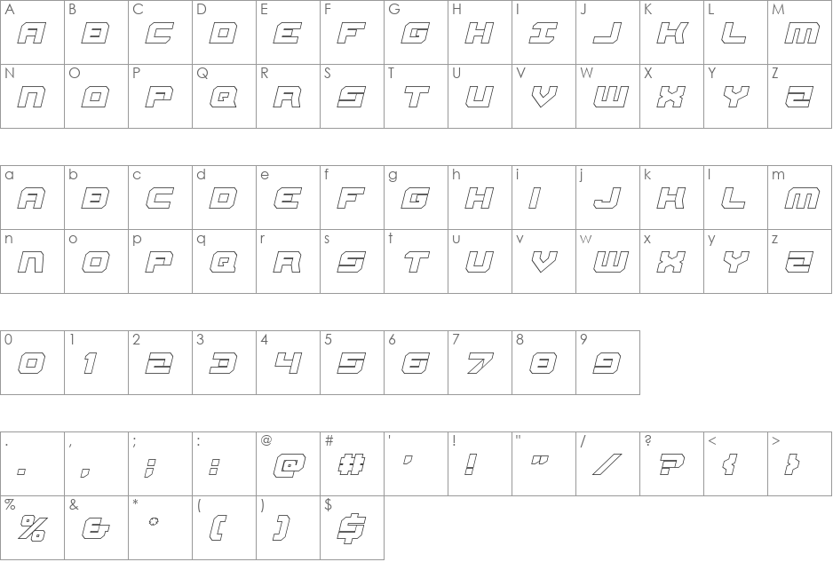 Gearhead Outline Italic font character map preview
