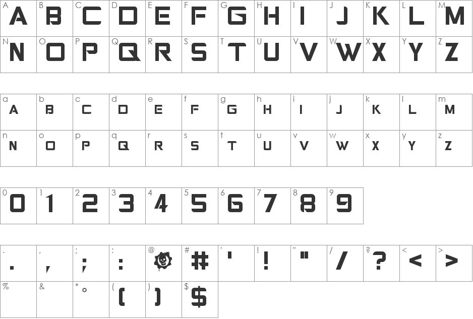 Gears of Peace font character map preview