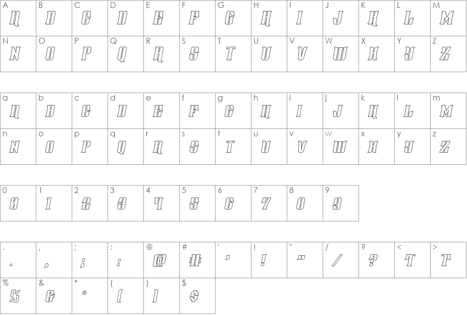 Gentleman Caller Outline Italic font character map preview