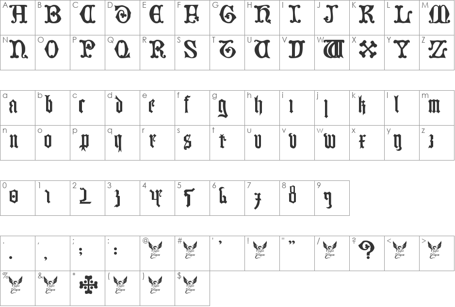 German Blackletters, 15th c. font character map preview