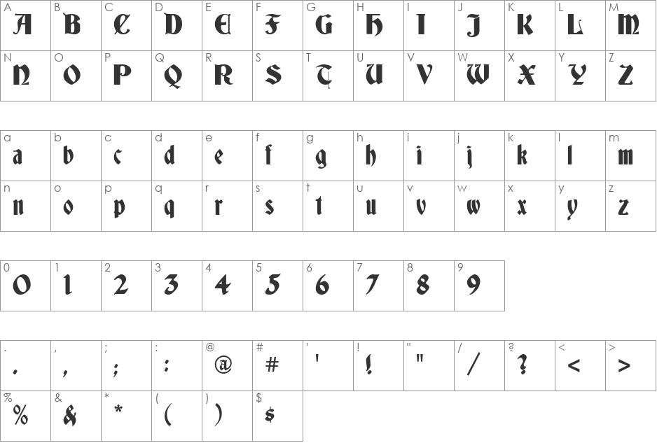 Germania font character map preview