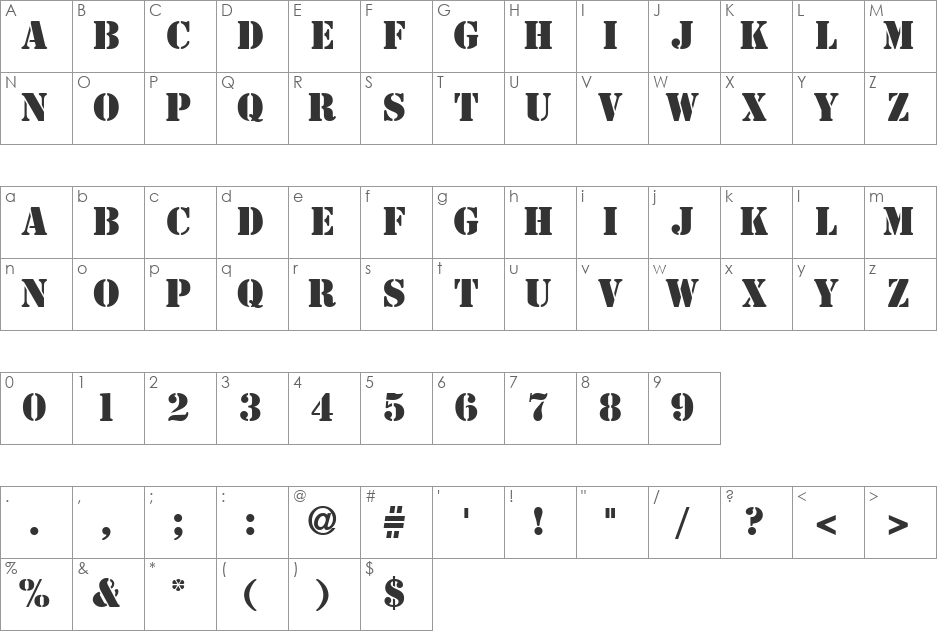 GI Stencil font character map preview