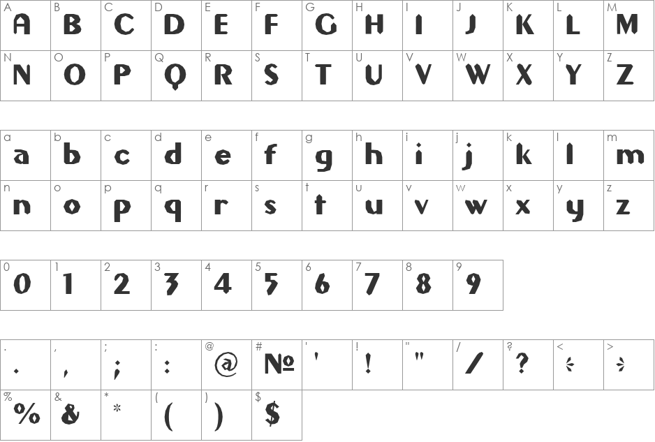 Gilgongo Sledge font character map preview