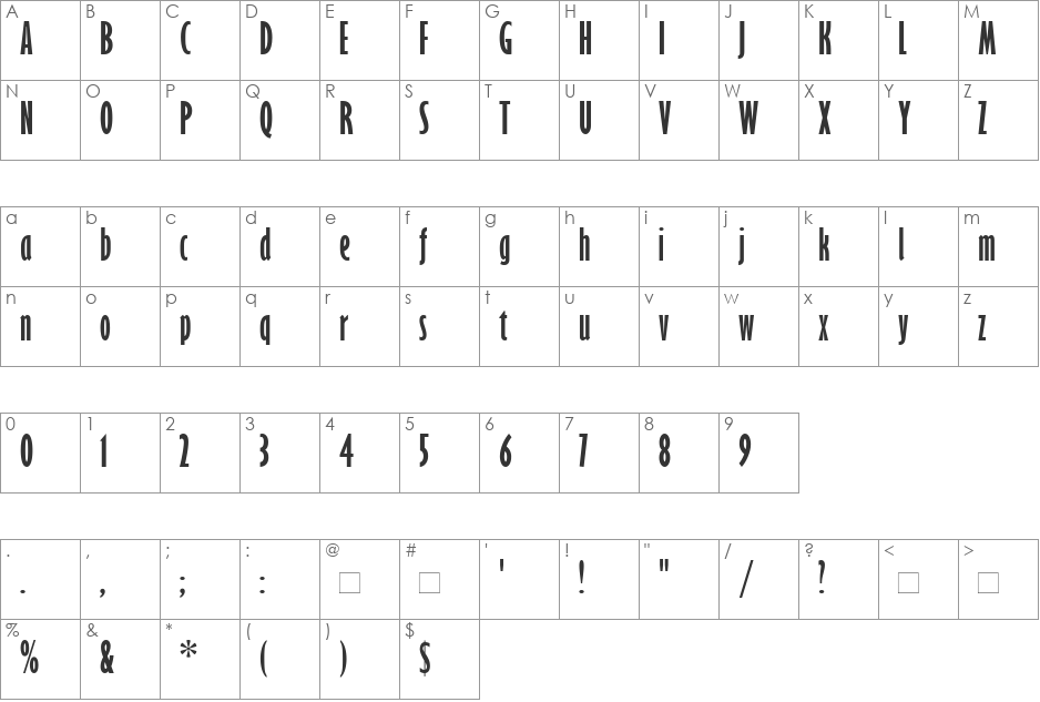 GillSans-ExtraCondensed font character map preview