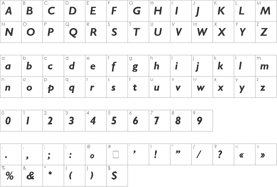 Gill_Sans-BoldItalic font character map preview