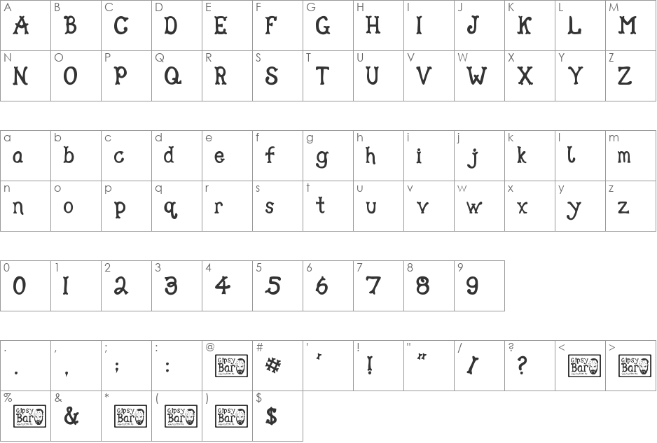 Gipsy Bar font character map preview