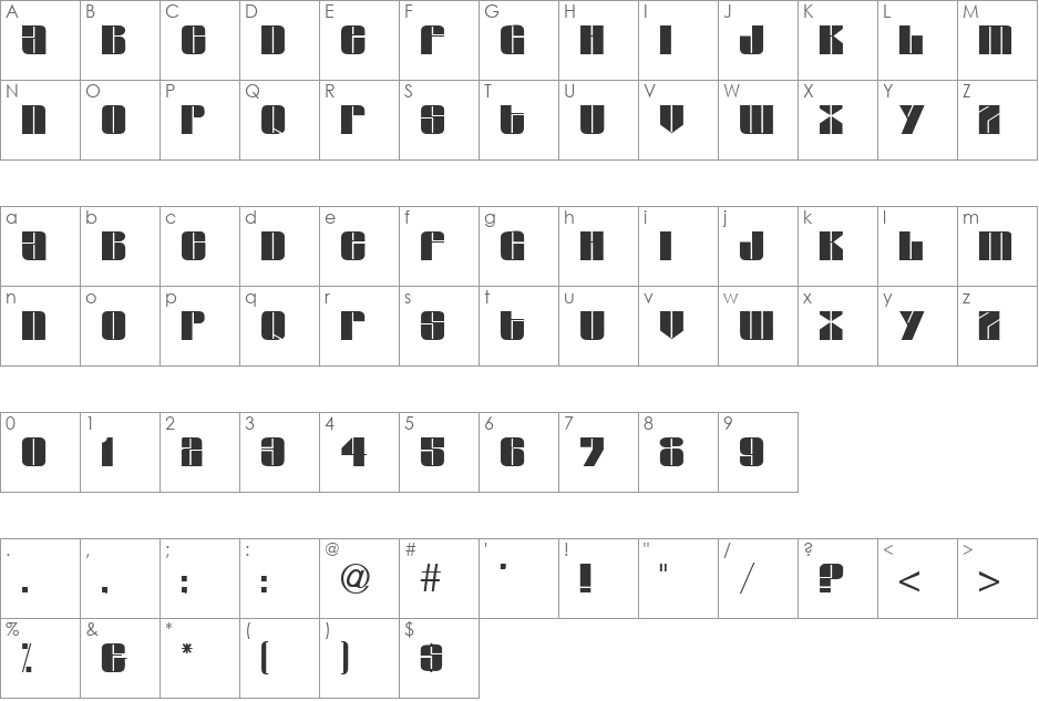 Glacier DB font character map preview