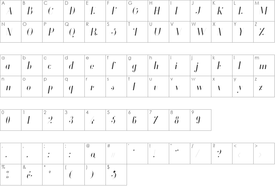 Glamor Light Cond font character map preview