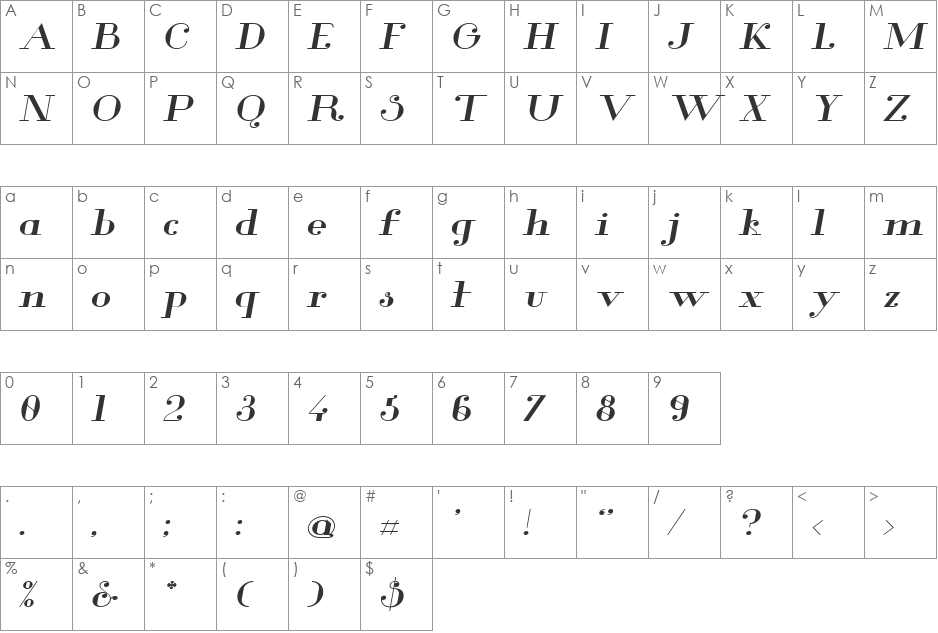 Glamor Med Ext font character map preview