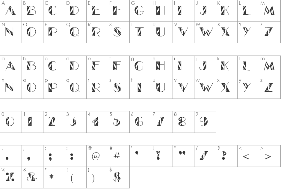 Glamour font character map preview