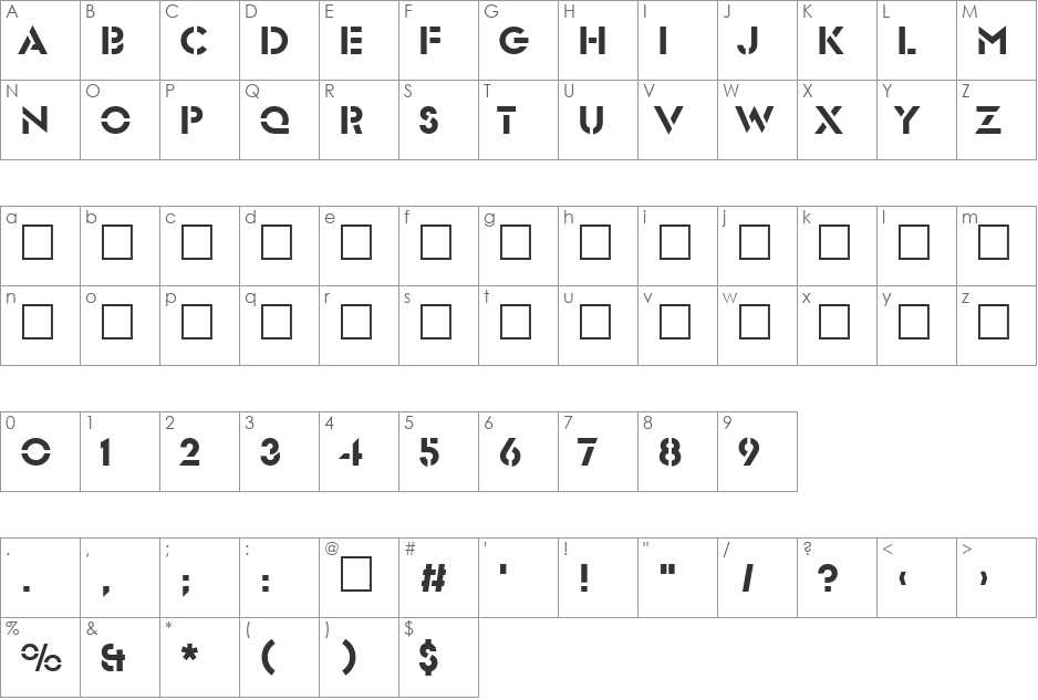GlaserBroken font character map preview
