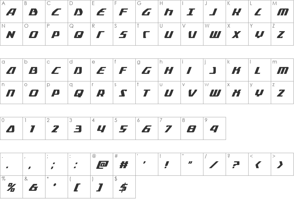 Global Dynamics Condensed Italic font character map preview