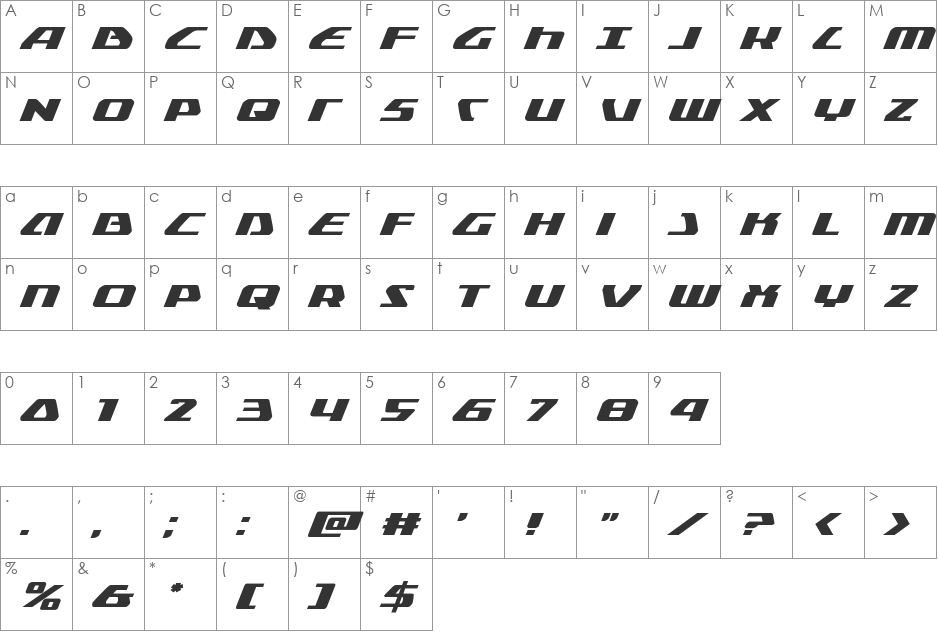 Global Dynamics Expanded Italic font character map preview
