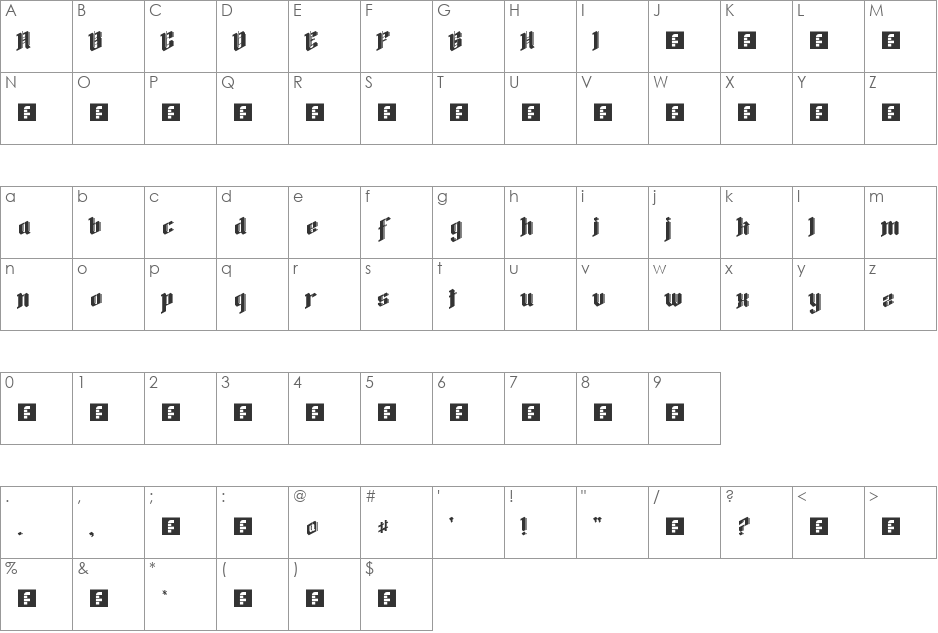 Godric font character map preview