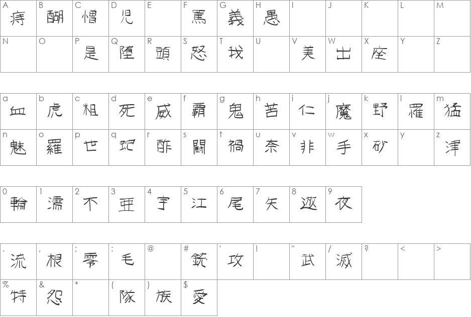 GoJuOn font character map preview