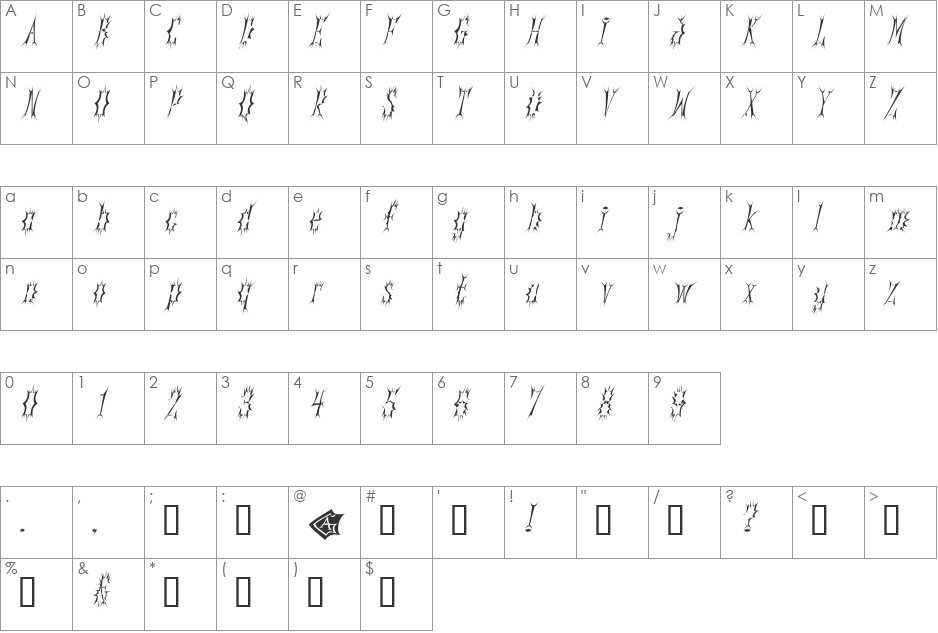 Gorey Tall Oblique font character map preview