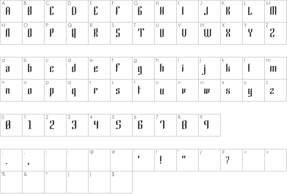 Gothic 45 font character map preview