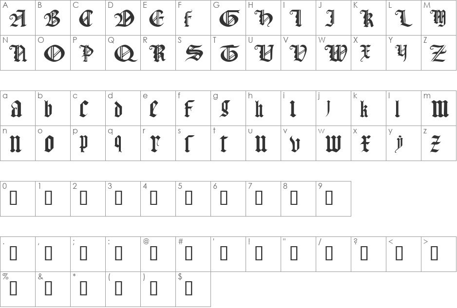 Gothic Texture Quadrata font character map preview