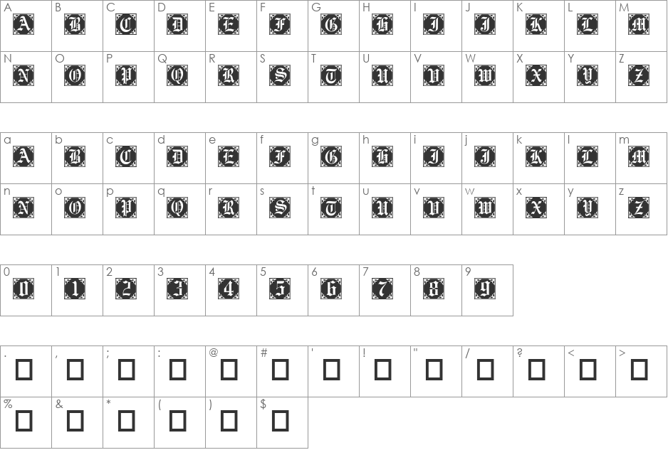 GothicCornerCaps font character map preview