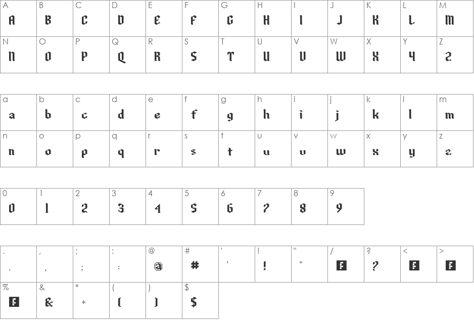Gothick font character map preview