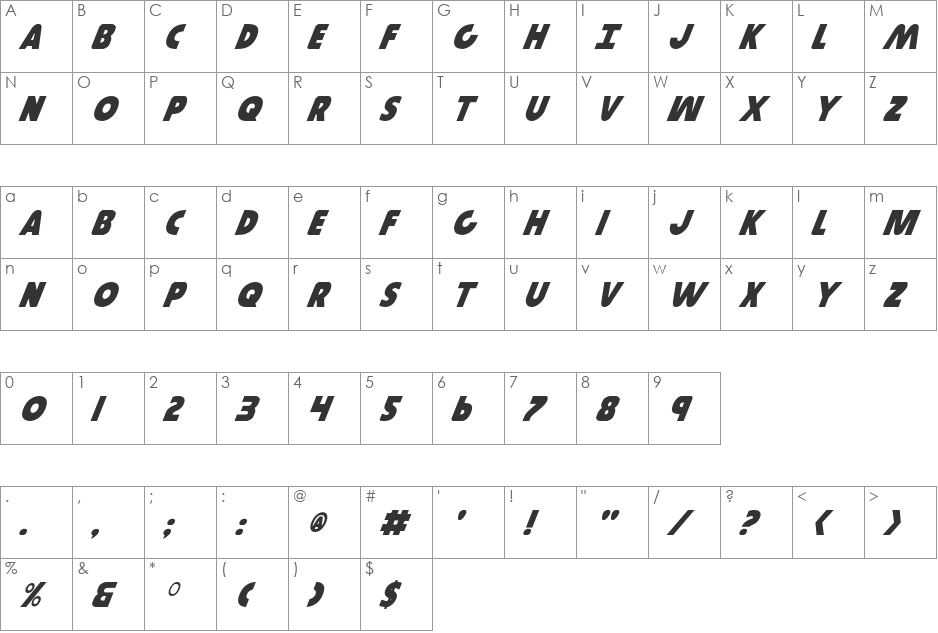 Governor Italic font character map preview