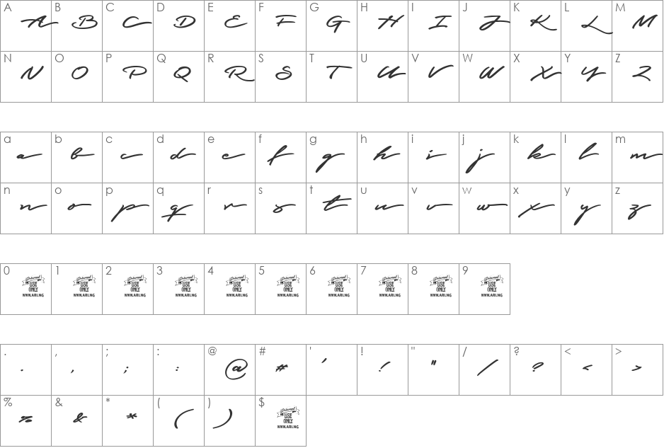 Graced Script PERSONAL USE font character map preview
