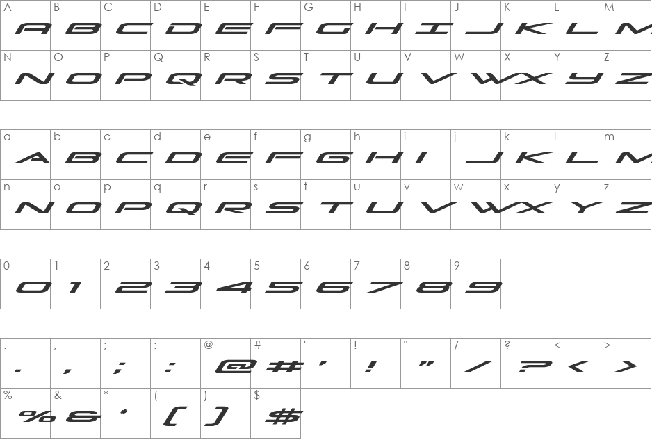 Grand Sport Expanded Italic font character map preview