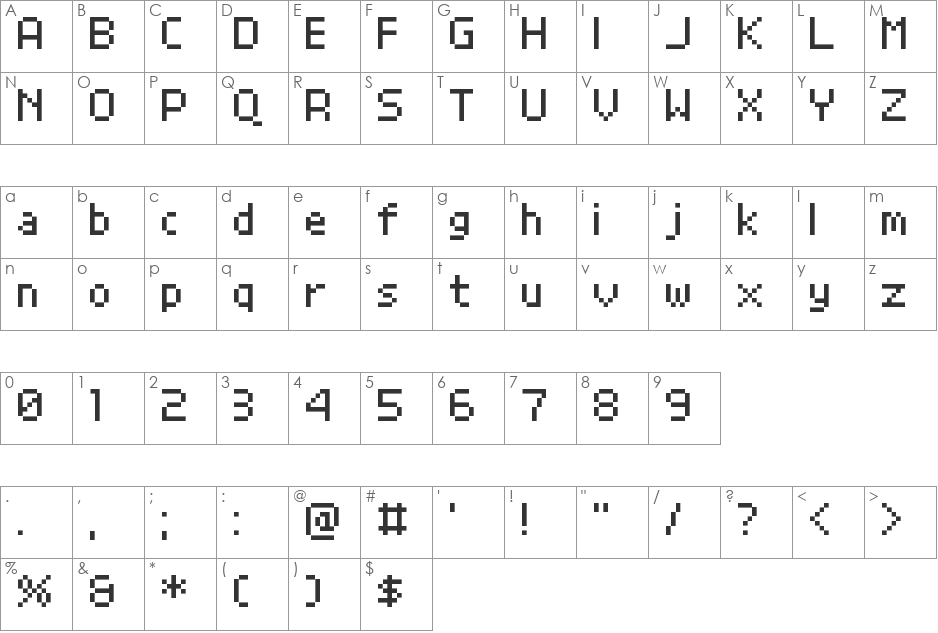 Grand9K Pixel font character map preview