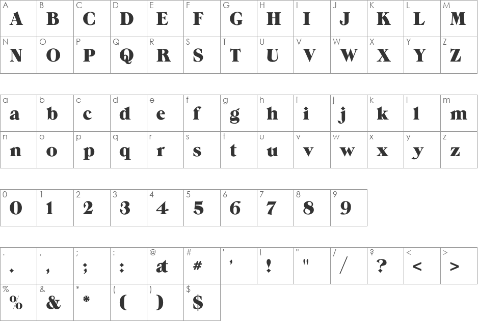 GrandeeCP font character map preview