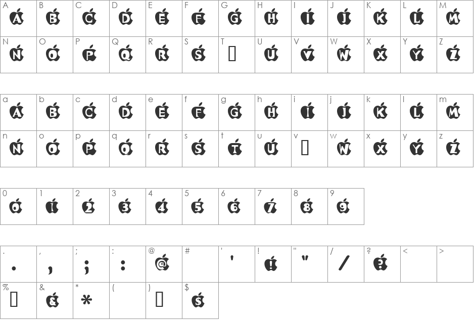 Apple Antics font character map preview
