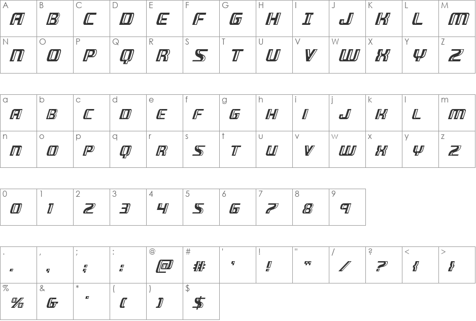 Grease Gun Condensed Italic font character map preview