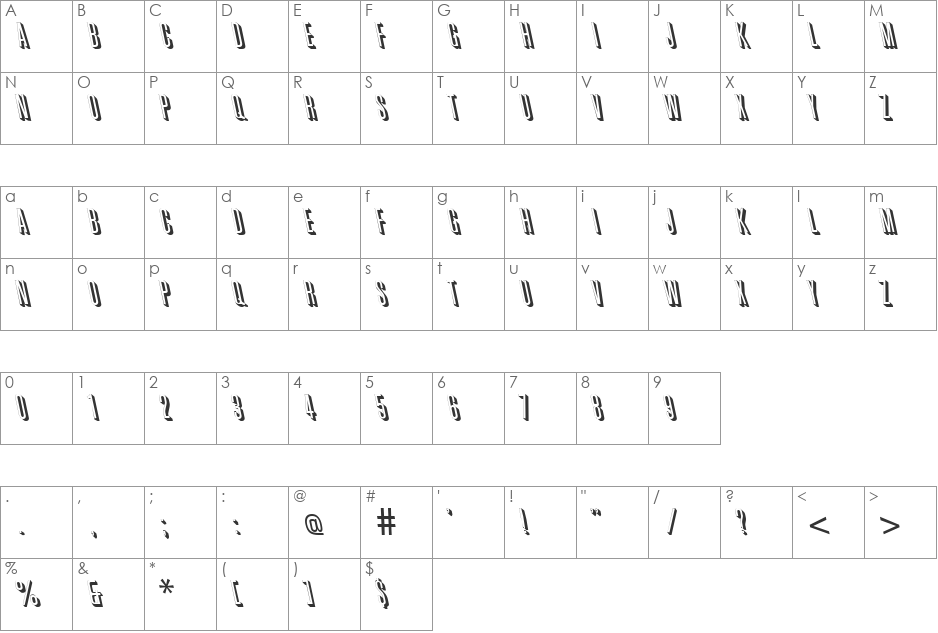 GreatShadowBackslant font character map preview