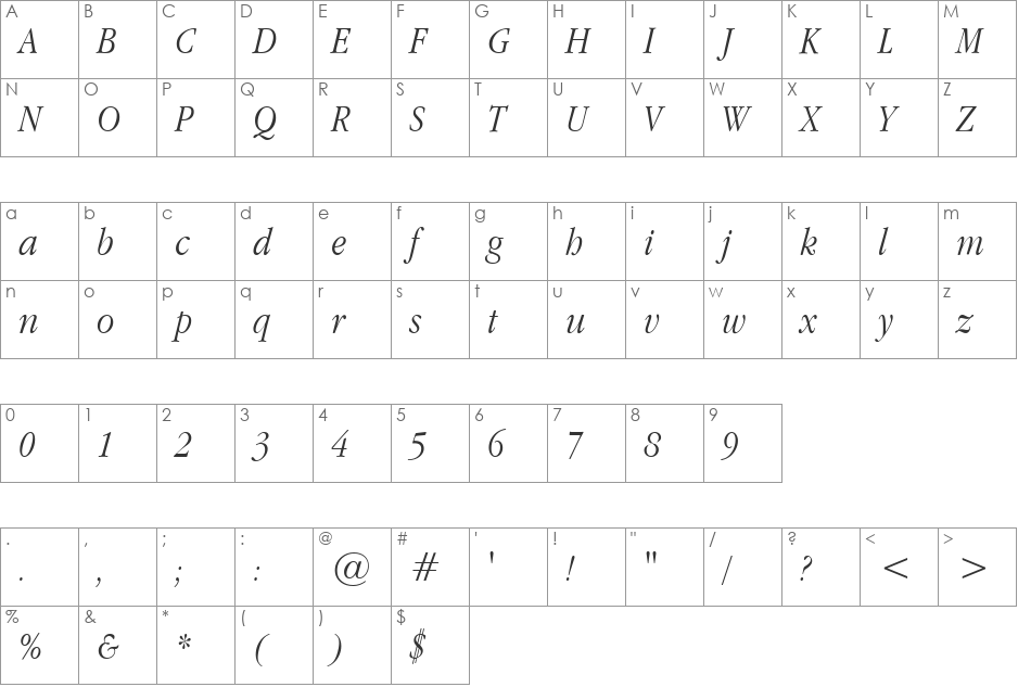 Apple Garamond Light font character map preview
