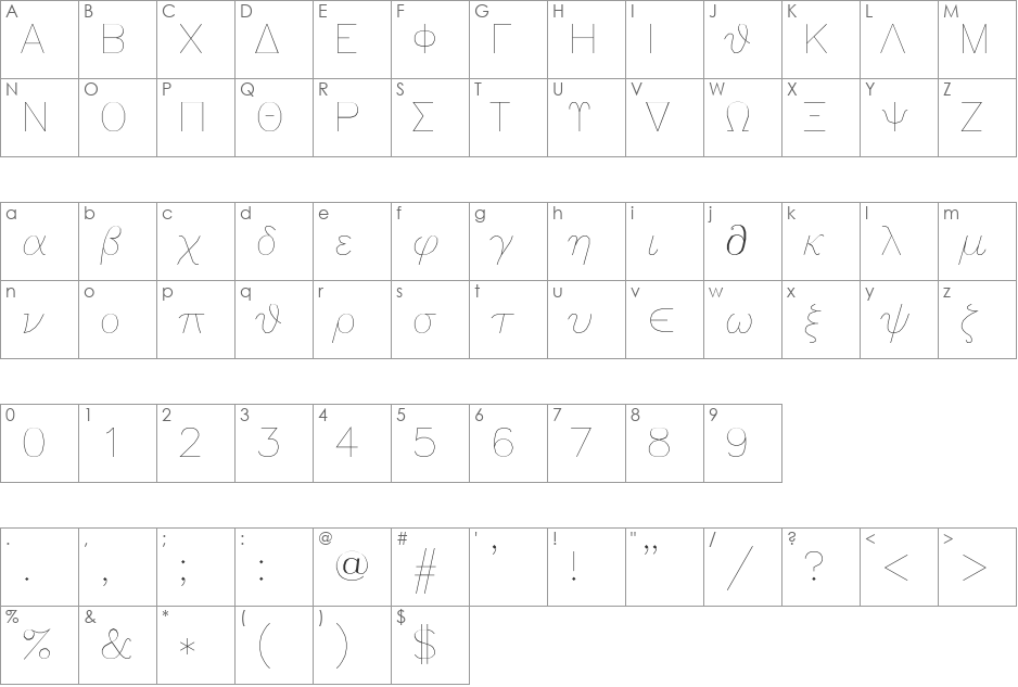 GreekS font character map preview