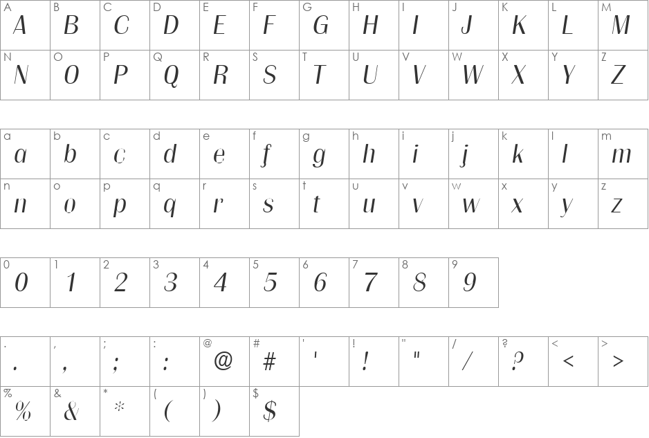 Grenoble Light SF font character map preview