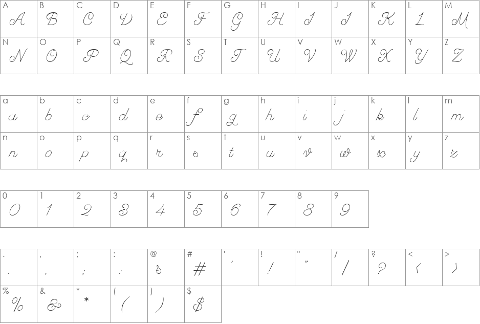 GreyhoundScript font character map preview