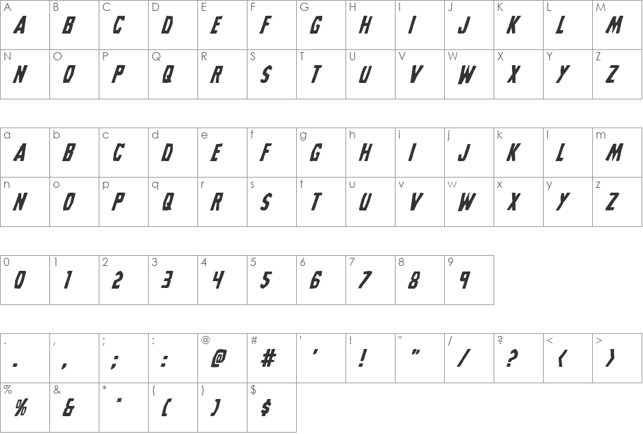 Grim Ghost Italic font character map preview