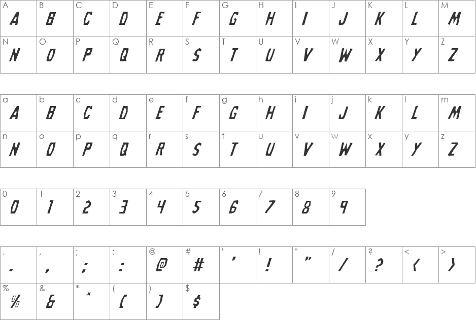 Grim Ghost Light Italic font character map preview