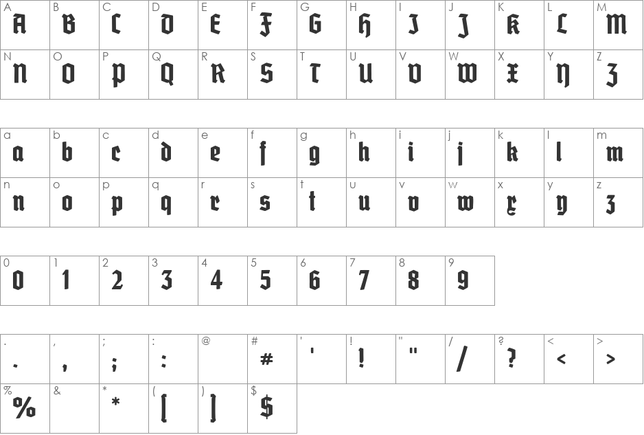 Grobe Deutschmeister font character map preview