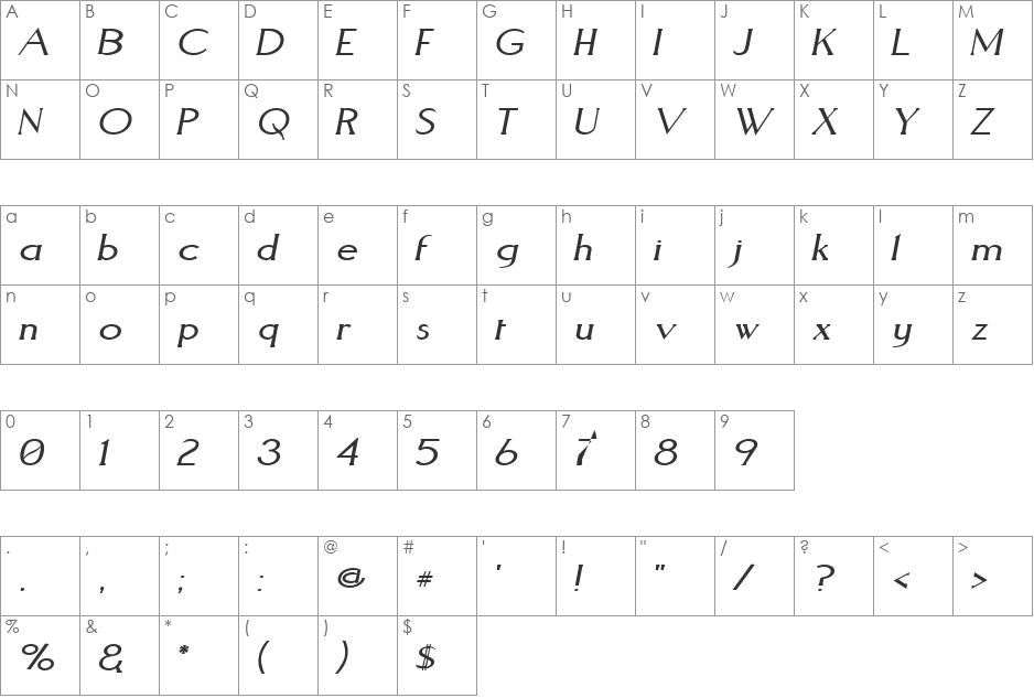 Aquaduct Italic font character map preview