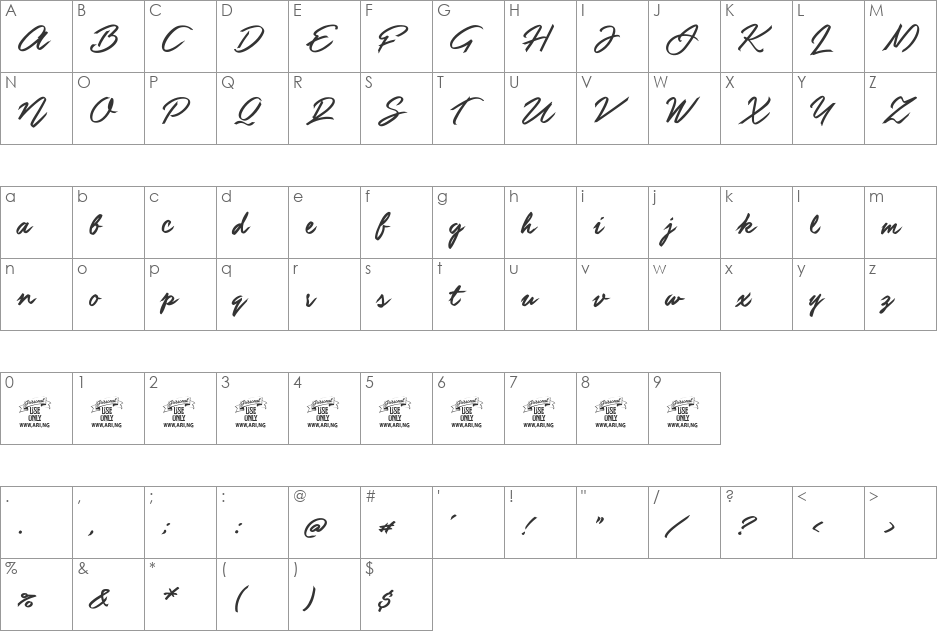 Guld Script PERSONAL USE ONLY font character map preview