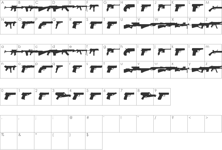 Guns font character map preview