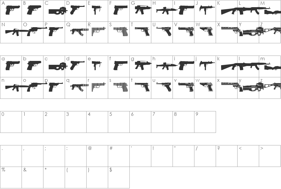 Guns 2 font character map preview