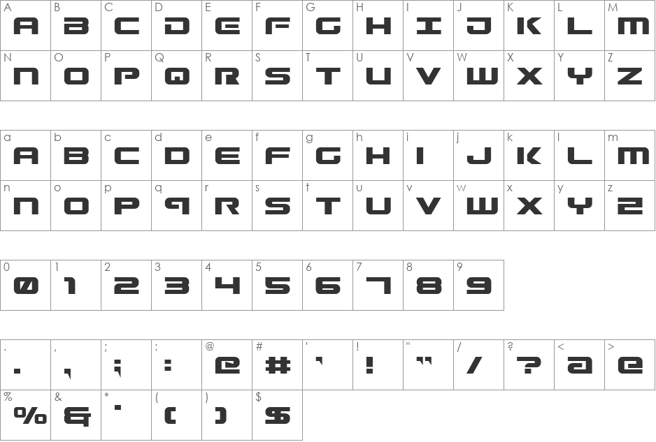 Gunship font character map preview