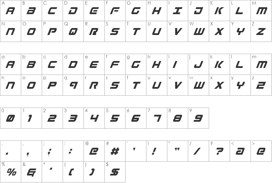 Gunship Condensed Ital font character map preview