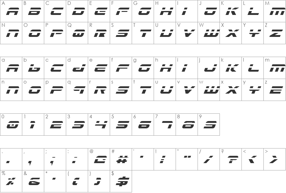 Gunship Laser Italic font character map preview