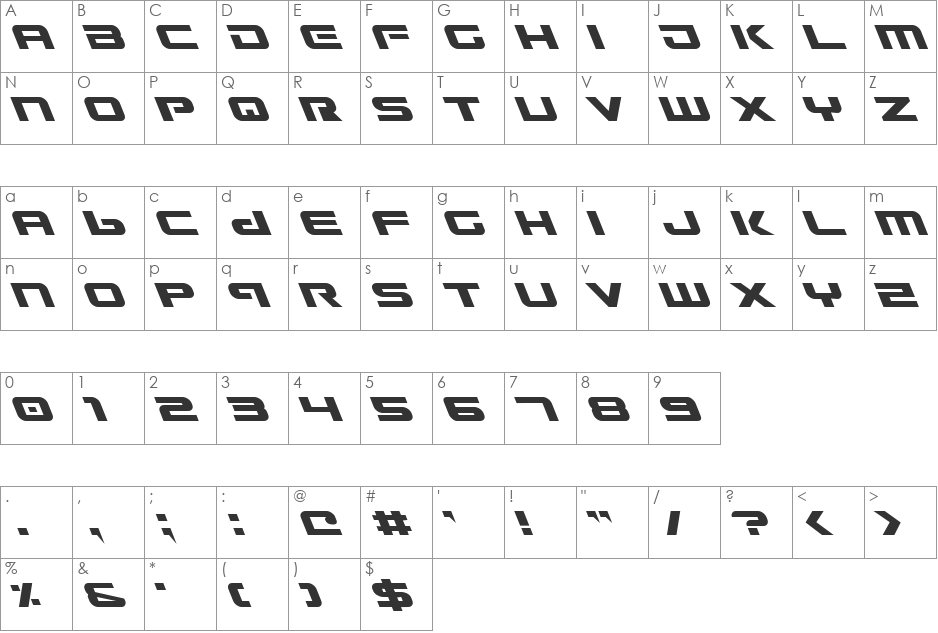 Gunship Leftalic font character map preview