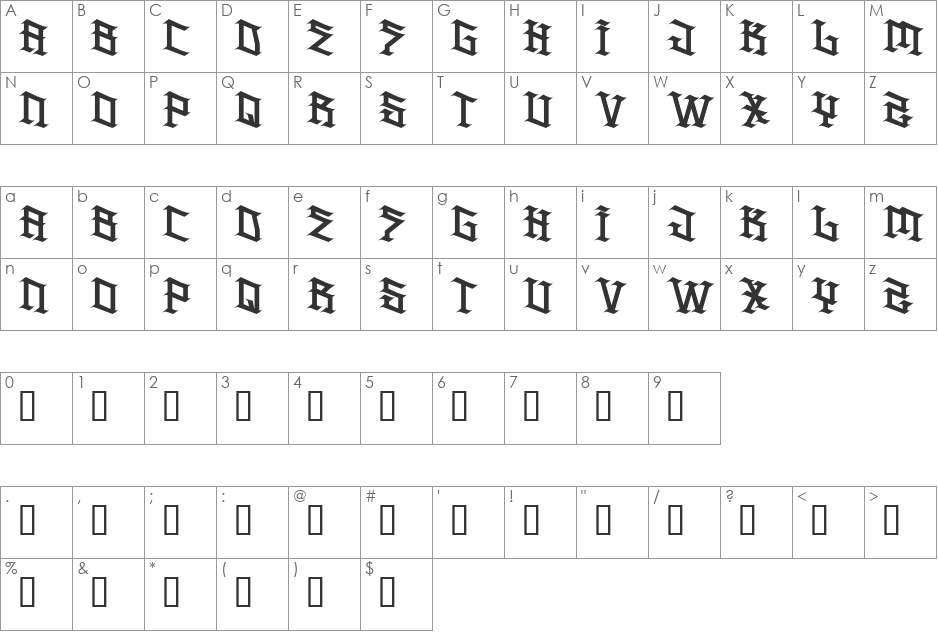 H74 Spitfire font character map preview