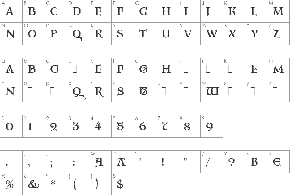 Aquitaine Initials LET font character map preview