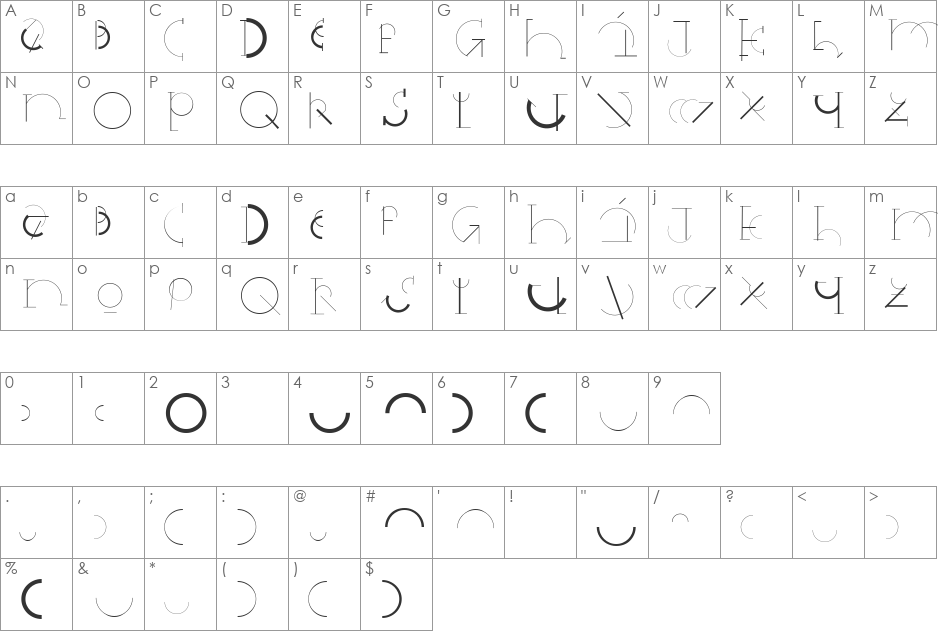 HalfCircleAlphabetXP font character map preview